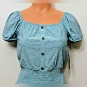 Light Blue Eyelet Button-Front Blouse